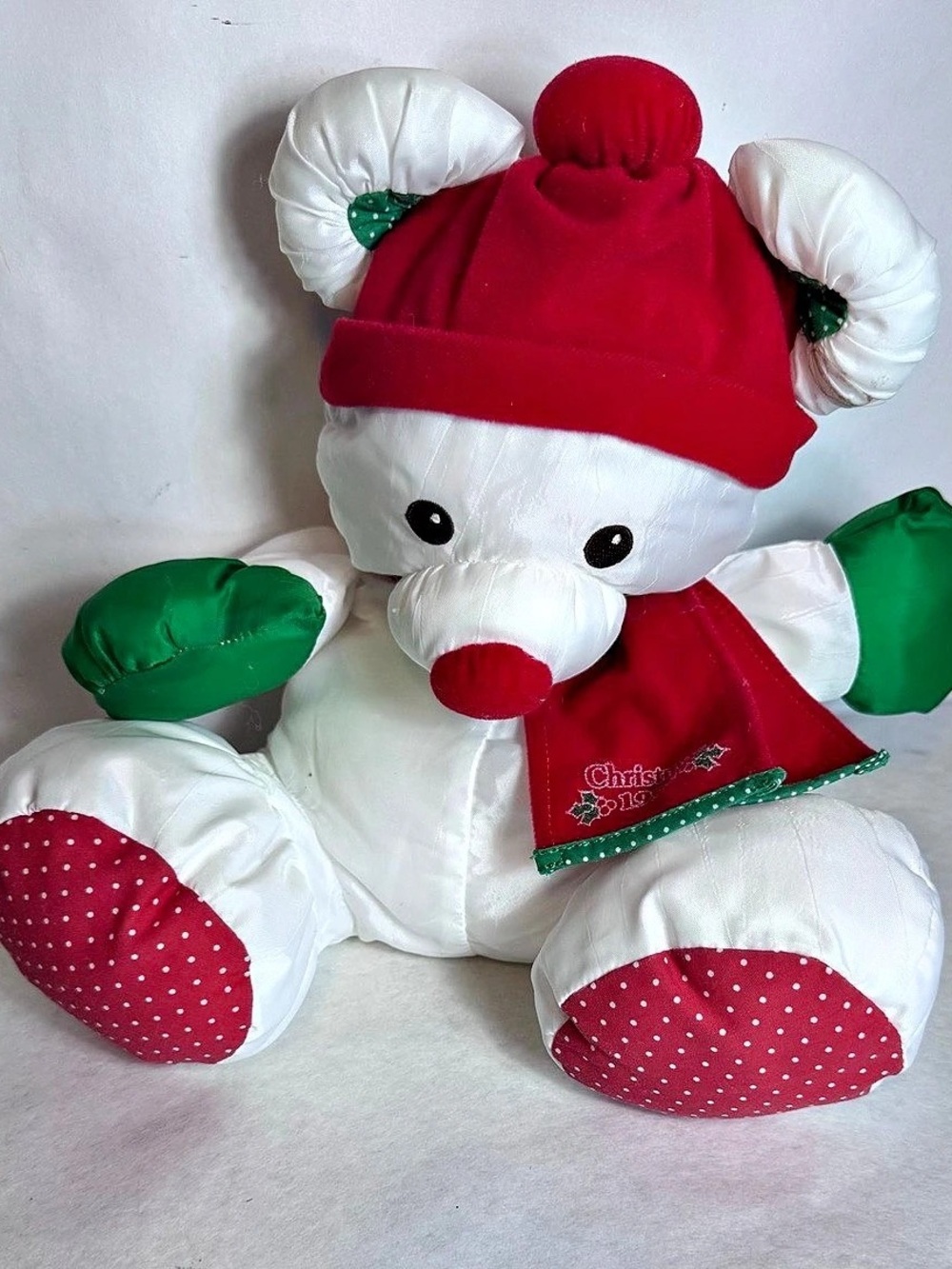 Vintage 1992 Christmas Fisher Price Puffalump Bear Stuffed Animal Red Scarf